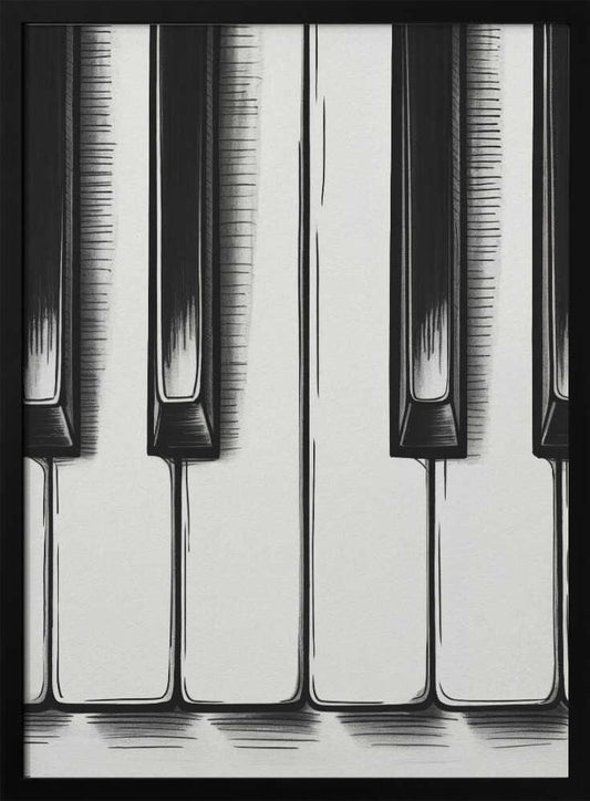 A stylized, close-up illustration of black and white piano keys. The artwork is rendered in a graphic, sketch-like style with bold black outlines and hatched shading. The vertical composition is tightly framed in black, focusing on a small section of the keyboard. Print