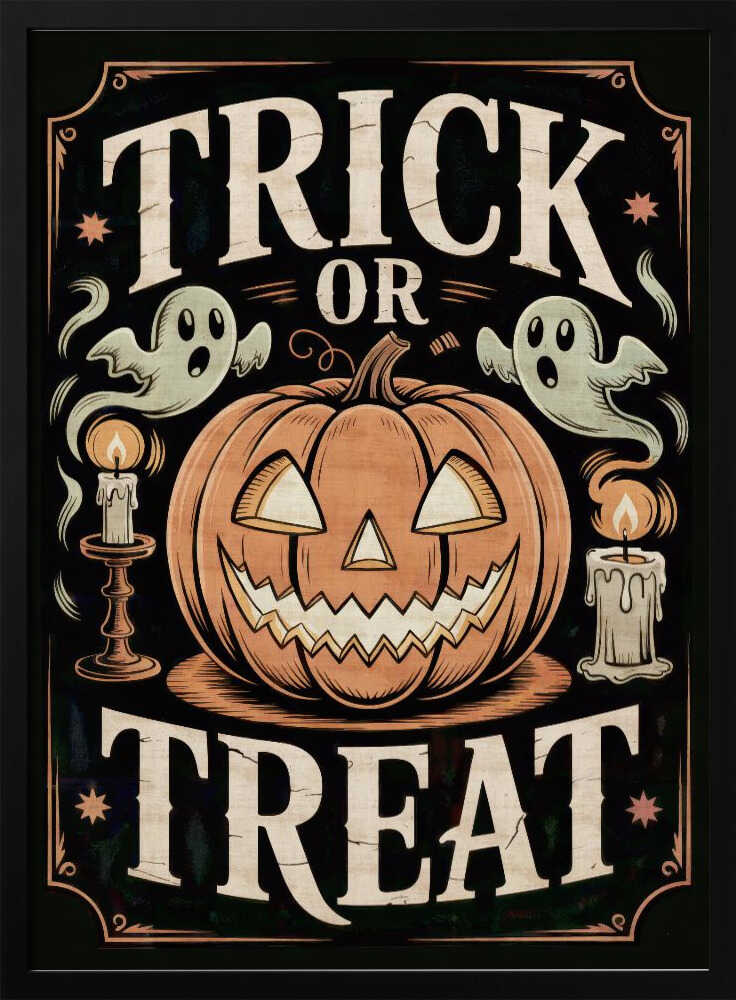 A vintage-style Halloween poster featuring the words 'Trick or Treat'. A large, smiling jack-o'-lantern sits in the center, flanked by two floating ghosts and two lit candles. The background is black with a decorative orange border and small stars. Wall Art