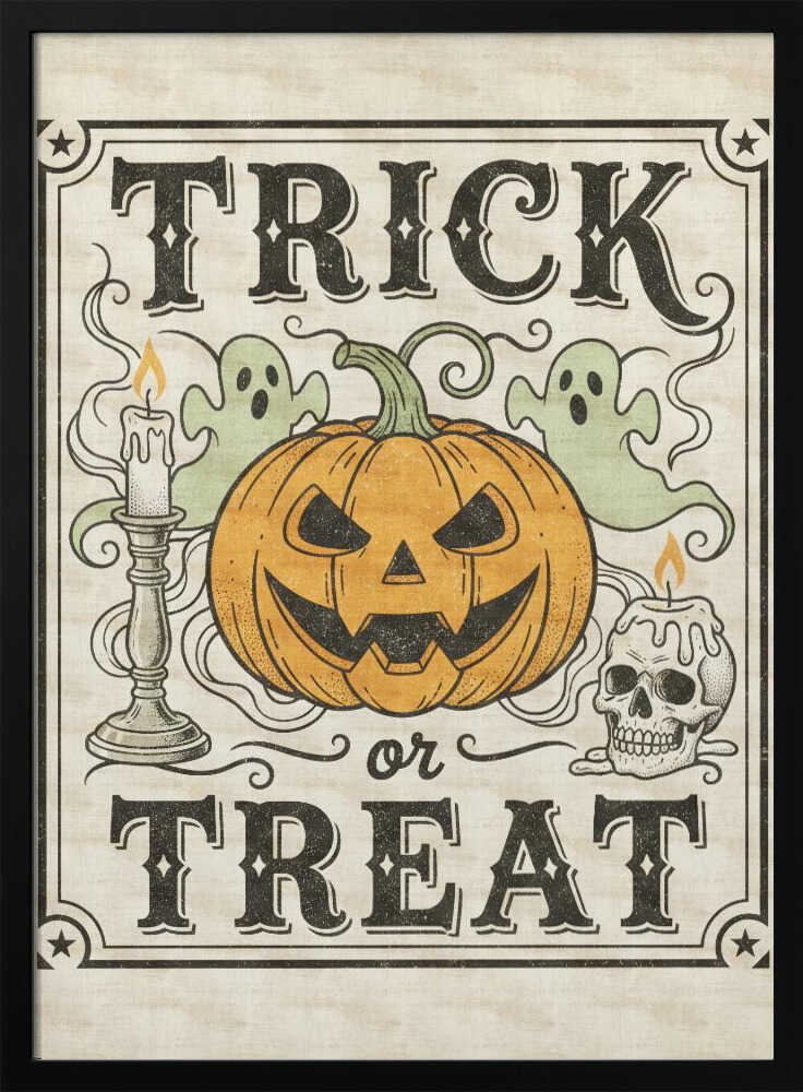 A vintage-style Halloween art print with the words 'TRICK or TREAT' in a stylized black font. In the center is a large orange jack-o'-lantern flanked by two small green ghosts, a lit candle in a candlestick, and a lit candle on a skull. The background is a distressed cream color, and the entire image is enclosed in a decorative border with stars in the corners. Poster
