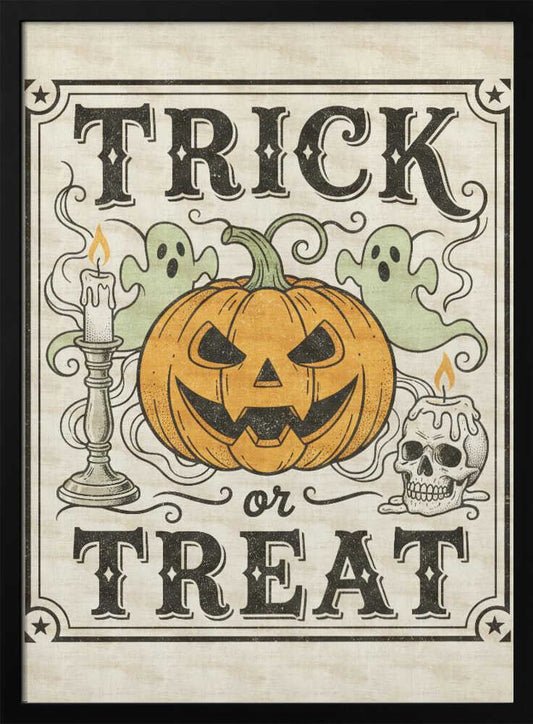 A vintage-style Halloween art print with the words 'TRICK or TREAT' in a stylized black font. In the center is a large orange jack-o'-lantern flanked by two small green ghosts, a lit candle in a candlestick, and a lit candle on a skull. The background is a distressed cream color, and the entire image is enclosed in a decorative border with stars in the corners. Poster
