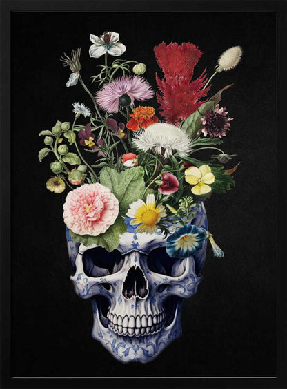 A detailed painting of a human skull that serves as a vase for a vibrant bouquet of flowers. The skull is adorned with a blue and white porcelain-like pattern, and the overflowing flowers include pink peonies, red cockscomb, and yellow daisies against a solid black background. Poster