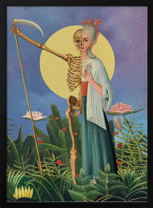 A surrealist painting of a figure split down the middle: one half is an elegant 18th-century woman, the other a skeleton. The composite figure, resembling the Grim Reaper, holds a scythe and stands in a lush green jungle under a large yellow moon against a blue night sky. Decor