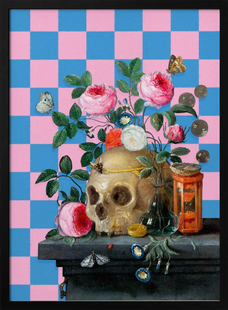 A classic vanitas still life painting juxtaposed with a modern, bright pink and blue checkerboard background. The composition features a golden skull surrounded by vibrant pink roses, butterflies, an hourglass, and coins on a dark stone table. Poster