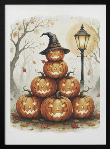 A whimsical watercolor painting of a pyramid of seven glowing jack-o'-lanterns. The top pumpkin sports a black witch's hat. An old-fashioned lamppost illuminates the spooky scene, set in a misty forest with bare trees and falling autumn leaves. Print