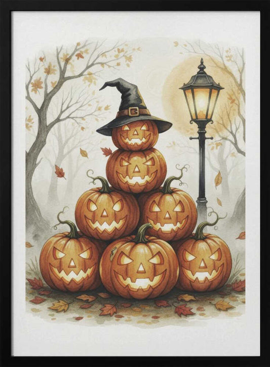 A whimsical watercolor painting of a pyramid of seven glowing jack-o'-lanterns. The top pumpkin sports a black witch's hat. An old-fashioned lamppost illuminates the spooky scene, set in a misty forest with bare trees and falling autumn leaves. Print