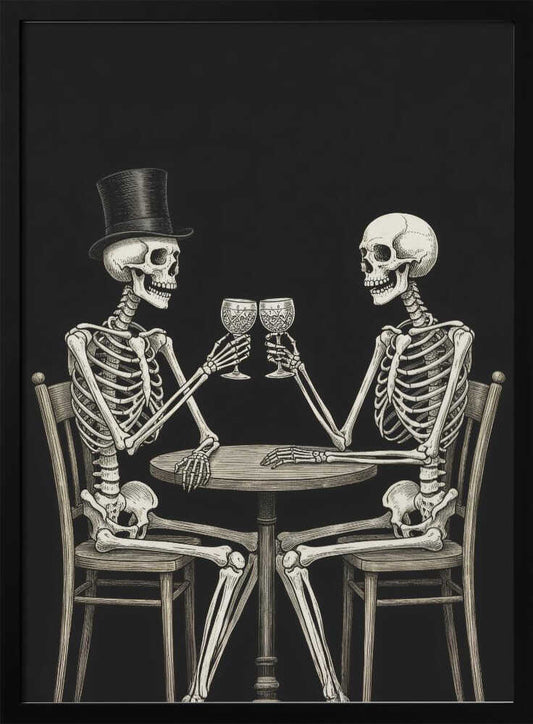 A vintage-style black and white illustration of two skeletons sitting at a round table, toasting each other with wine glasses. One skeleton wears a black top hat, and the background is solid black. Decor