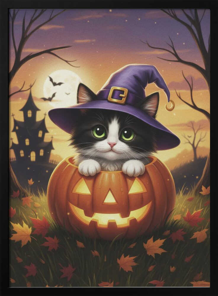 A cute black and white kitten with big green eyes wears a purple witch hat while peeking out from inside a glowing jack-o'-lantern. The scene is set at dusk during Halloween, with a haunted house, a full moon, and bats in the background. Poster
