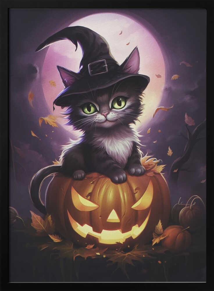 A whimsical painting of a cute black kitten with bright green eyes wearing a witch's hat, sitting on top of a glowing jack-o'-lantern. In the background is a large purple full moon and falling autumn leaves, creating a magical Halloween scene. Print