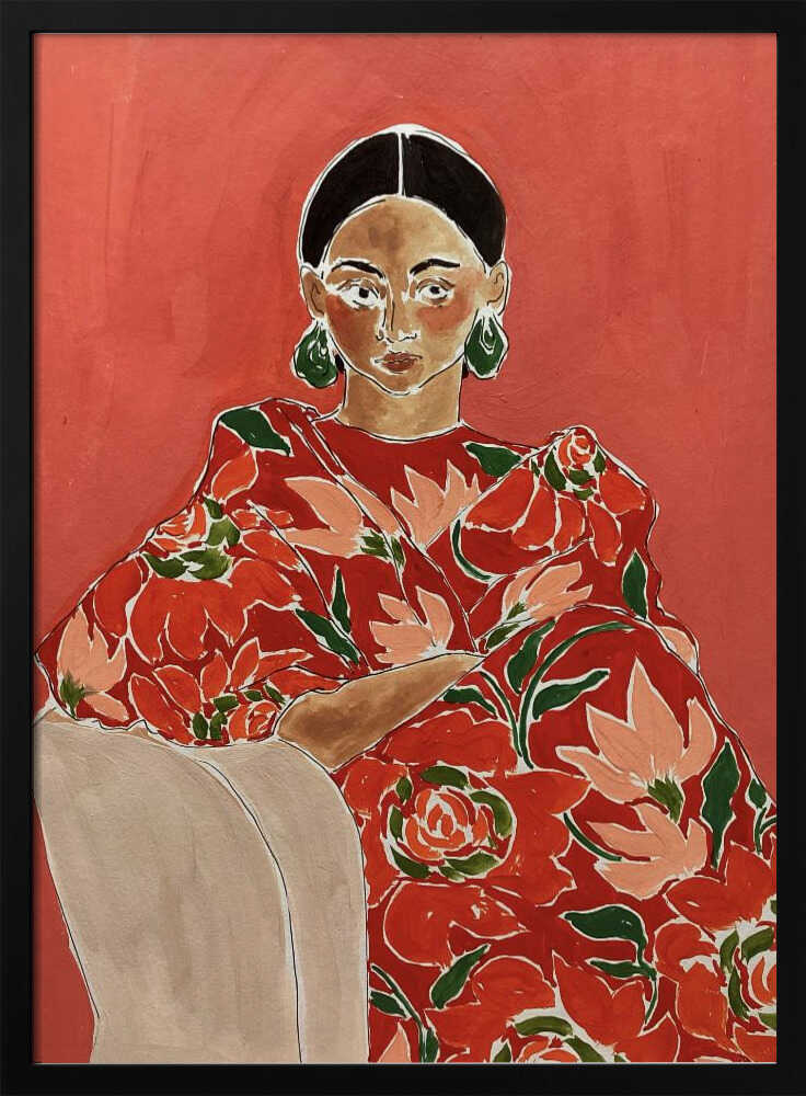 Modern portrait painting of a woman in a red floral dress with green earrings against a bold red background.