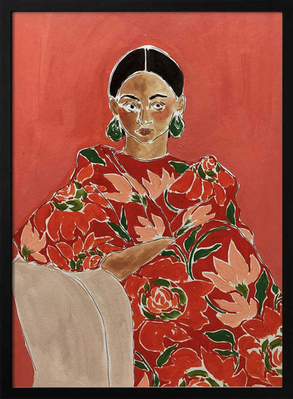 Modern portrait painting of a woman in a red floral dress with green earrings against a bold red background.