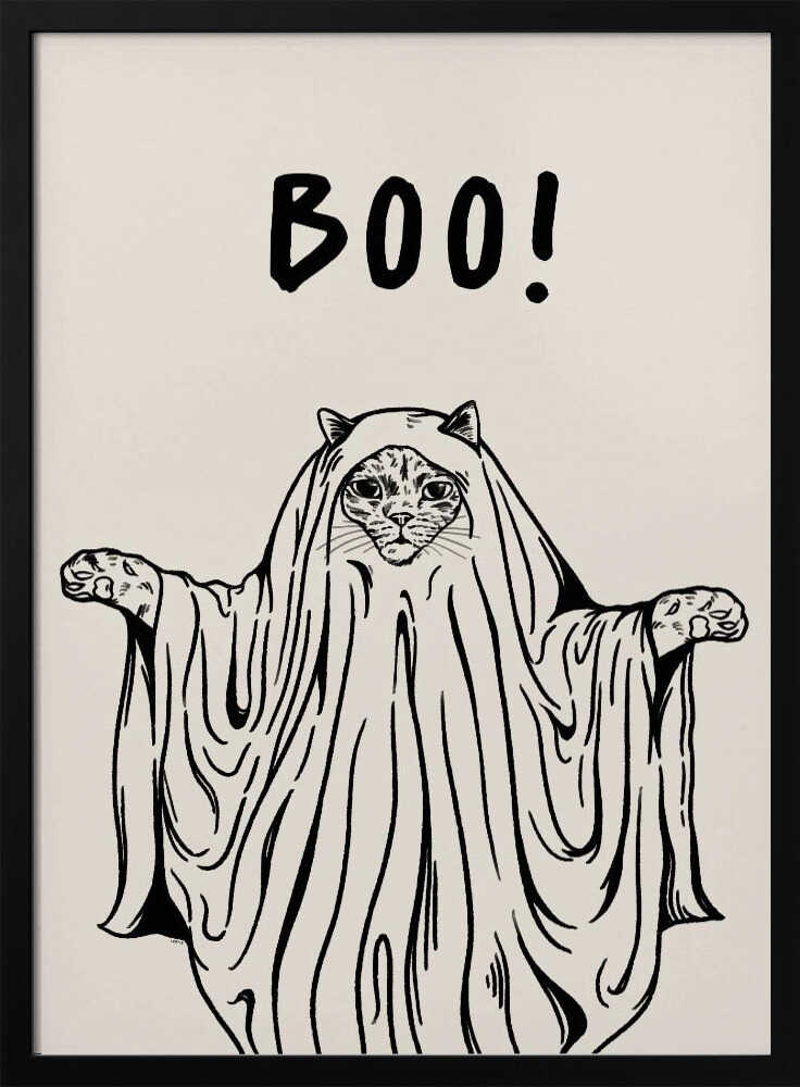 A minimalist black and white line drawing of a cat in a ghost costume. The cat's face peeks out from under a sheet, and its paws are held out to the sides. Above its head, the word 'BOO!' is written in a playful, hand-drawn font. Artwork
