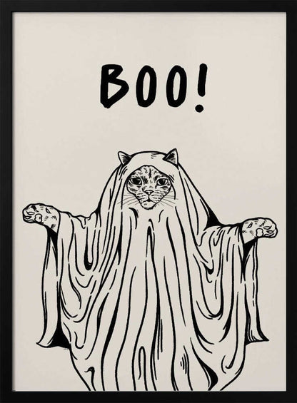 A minimalist black and white line drawing of a cat in a ghost costume. The cat's face peeks out from under a sheet, and its paws are held out to the sides. Above its head, the word 'BOO!' is written in a playful, hand-drawn font. Artwork
