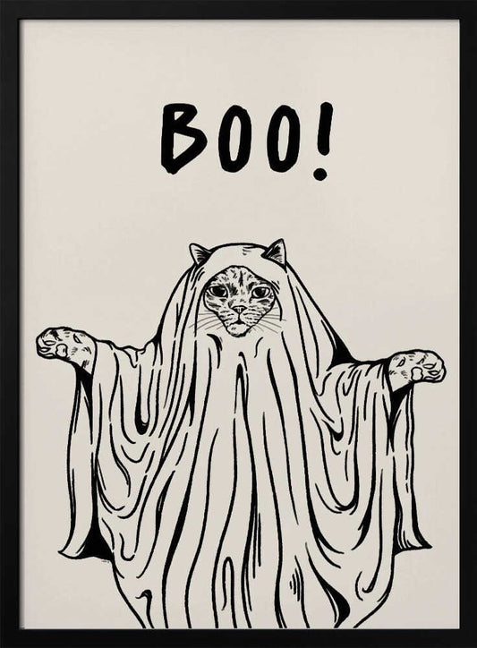 A minimalist black and white line drawing of a cat in a ghost costume. The cat's face peeks out from under a sheet, and its paws are held out to the sides. Above its head, the word 'BOO!' is written in a playful, hand-drawn font. Artwork