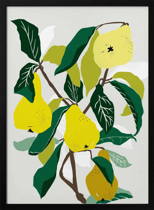 A modern graphic illustration of a pear tree branch heavy with ripe yellow pears. The composition features bold dark green and lighter green leaves against a soft, light grey background, all enclosed in a thin black frame. Artwork