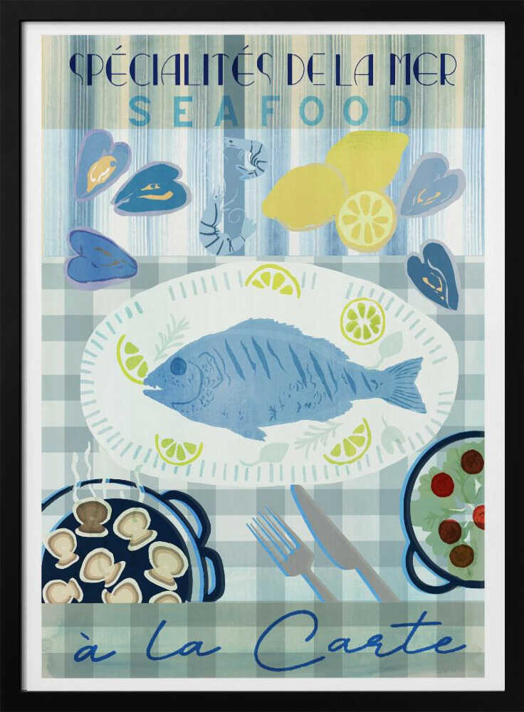 A vintage-style illustrated poster advertising seafood with French text. It features a platter with a whole blue fish and lemon slices on a blue and white checkered tablecloth, surrounded by mussels, shrimp, lemons, a pan of scallops, and a salad. Artwork