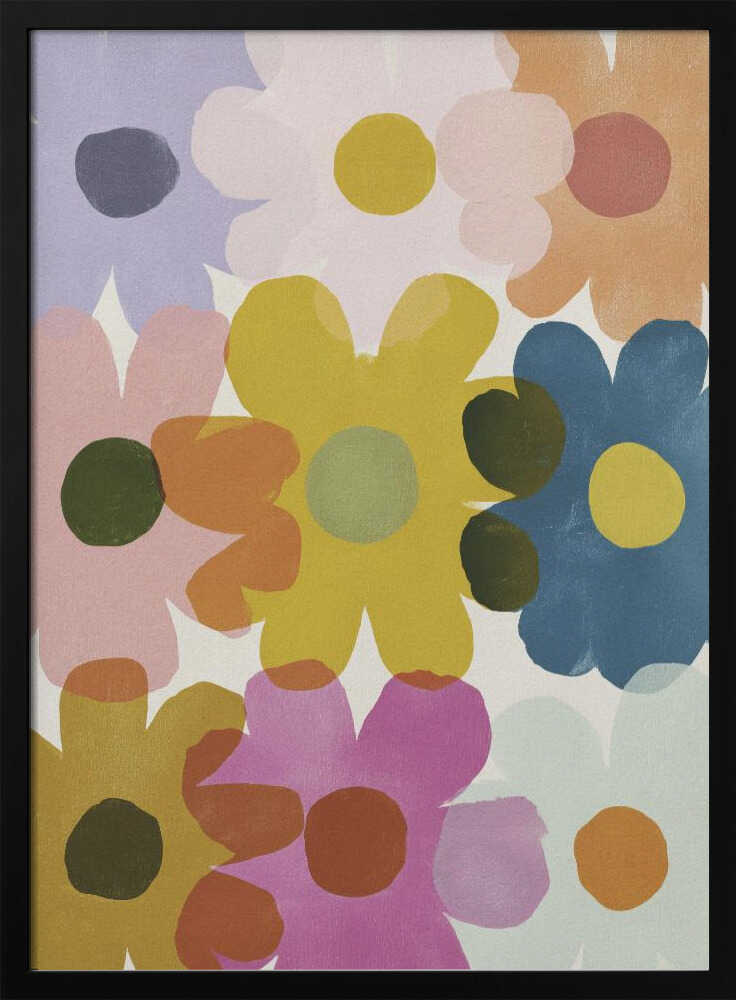 A colorful abstract painting of overlapping, stylized flowers in shades of yellow, blue, pink, orange, and purple. The simple, rounded flower shapes are semi-transparent, creating new colors where they overlap against a light background, all within a thin black frame. Decor