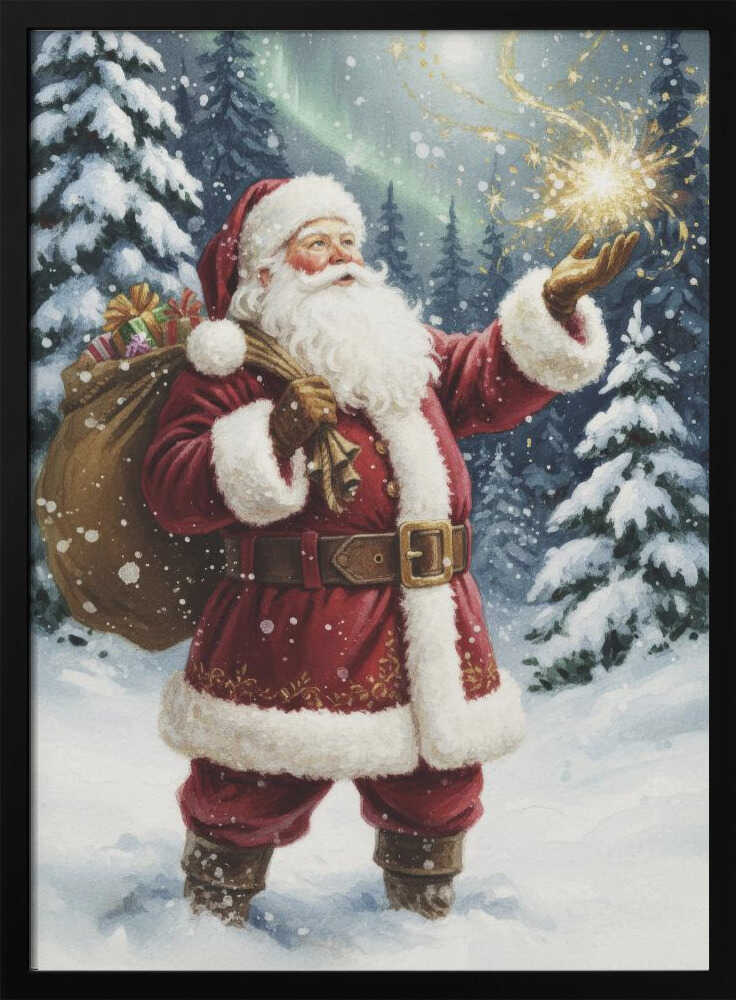 A classic painted portrait of Santa Claus in a red suit standing in a snowy evergreen forest at night. He holds a large sack of presents over his shoulder and looks up at a magical golden sparkler of light floating above his open palm. Print