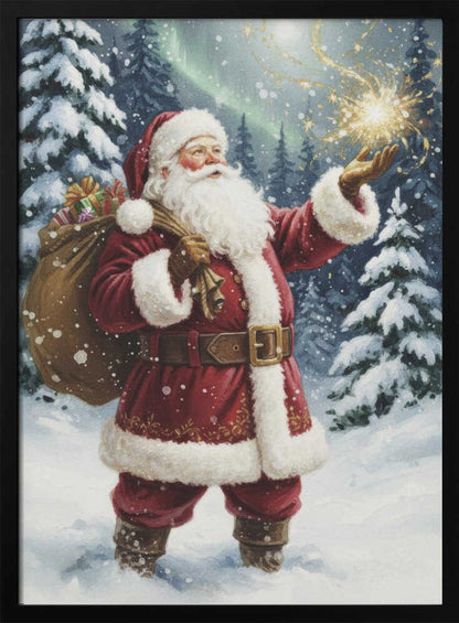A classic painted portrait of Santa Claus in a red suit standing in a snowy evergreen forest at night. He holds a large sack of presents over his shoulder and looks up at a magical golden sparkler of light floating above his open palm. Print