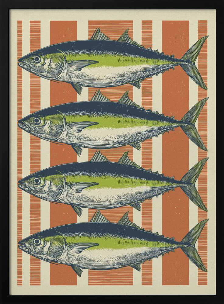 A vintage-style illustration of four identical fish, likely tuna, stacked horizontally against a background of vertical orange and off-white stripes. The fish are colored with blue backs, a lime green stripe, and a white underbelly, rendered in a detailed, retro print style. Print