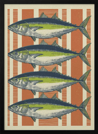 A vintage-style illustration of four identical fish, likely tuna, stacked horizontally against a background of vertical orange and off-white stripes. The fish are colored with blue backs, a lime green stripe, and a white underbelly, rendered in a detailed, retro print style. Print