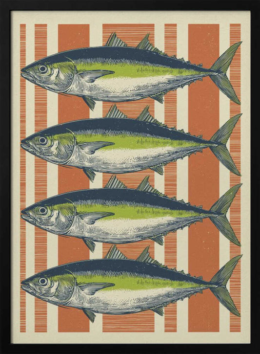 A vintage-style illustration of four identical fish, likely tuna, stacked horizontally against a background of vertical orange and off-white stripes. The fish are colored with blue backs, a lime green stripe, and a white underbelly, rendered in a detailed, retro print style. Print