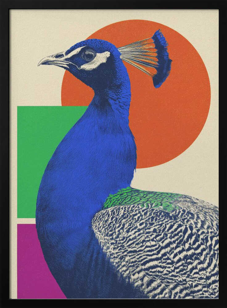 A modern graphic art poster featuring a profile view of a royal blue peacock against a cream-colored background with large geometric shapes, including an orange circle, a green rectangle, and a magenta rectangle. Wall Art