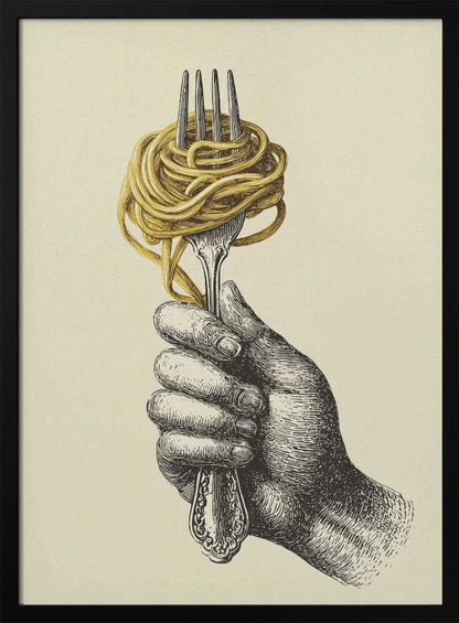 A vintage-style illustration of a hand rendered in black ink holding an ornate fork. A large portion of golden-yellow spaghetti is twirled around the tines of the fork. The image is on a cream-colored background and is displayed in a simple black frame. Poster
