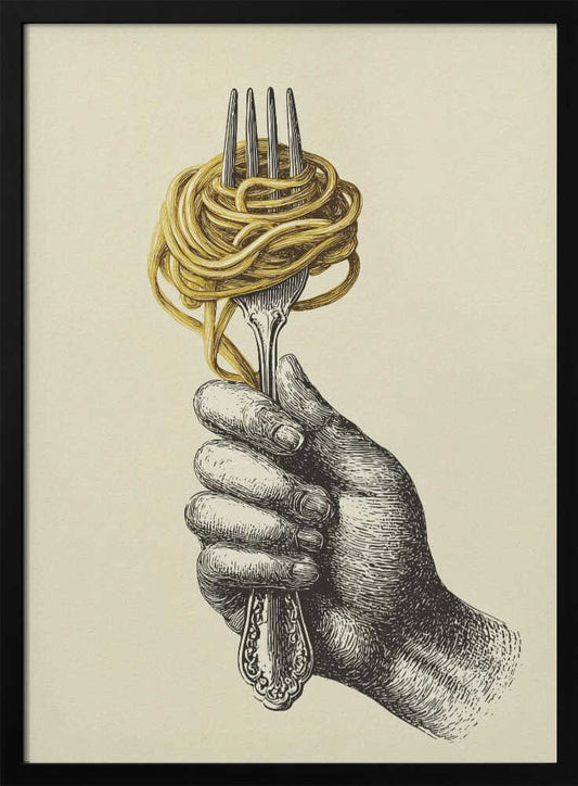 A vintage-style illustration of a hand rendered in black ink holding an ornate fork. A large portion of golden-yellow spaghetti is twirled around the tines of the fork. The image is on a cream-colored background and is displayed in a simple black frame. Poster