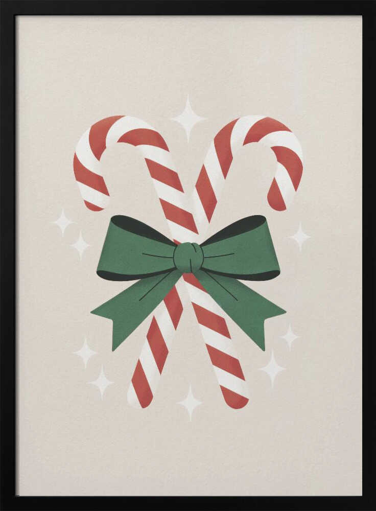 An illustration of two red-and-white striped candy canes crossed and tied together with a large green bow. The background is a soft beige color with small, white, four-pointed star sparkles. The artwork is shown in a black frame. Decor