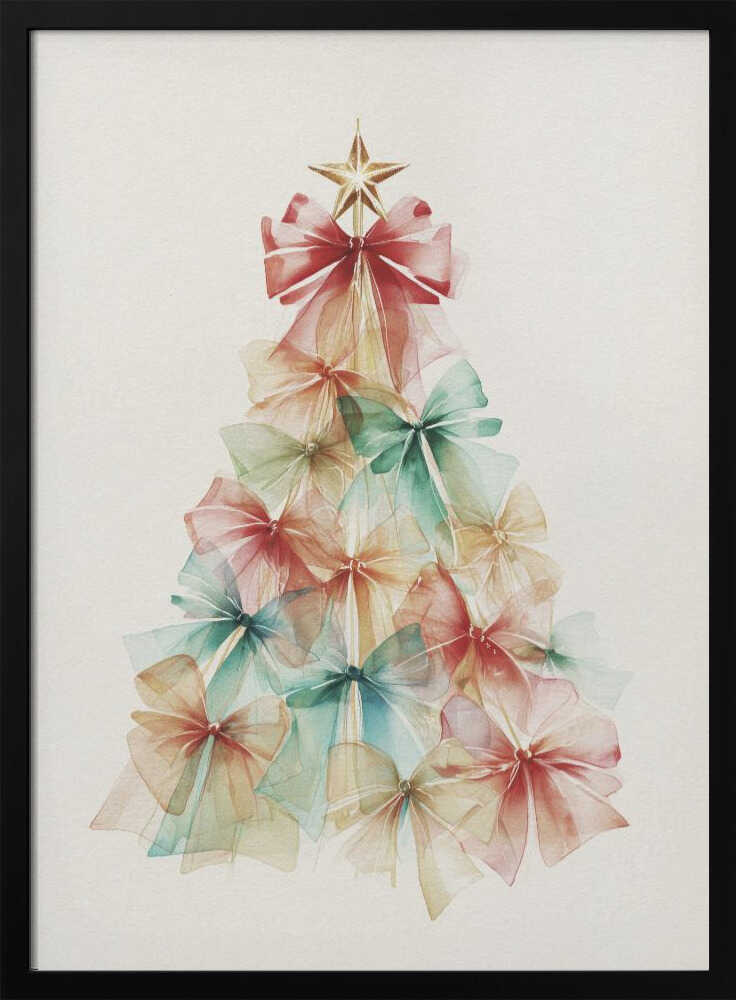 A watercolor illustration of a Christmas tree made entirely of colorful, translucent bows. The bows are in soft shades of red, green, and yellow, and are layered to create the tree's conical shape. A gold star sits on top. The background is a solid off-white, and the artwork is presented in a simple black frame. Print