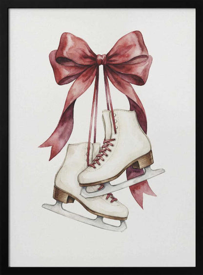 A watercolor painting of a pair of white figure skates with red laces, hanging from a large, elegant red ribbon tied in a bow against a plain white background. Print