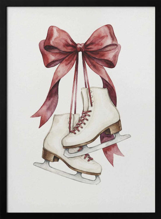 A watercolor painting of a pair of white figure skates with red laces, hanging from a large, elegant red ribbon tied in a bow against a plain white background. Print
