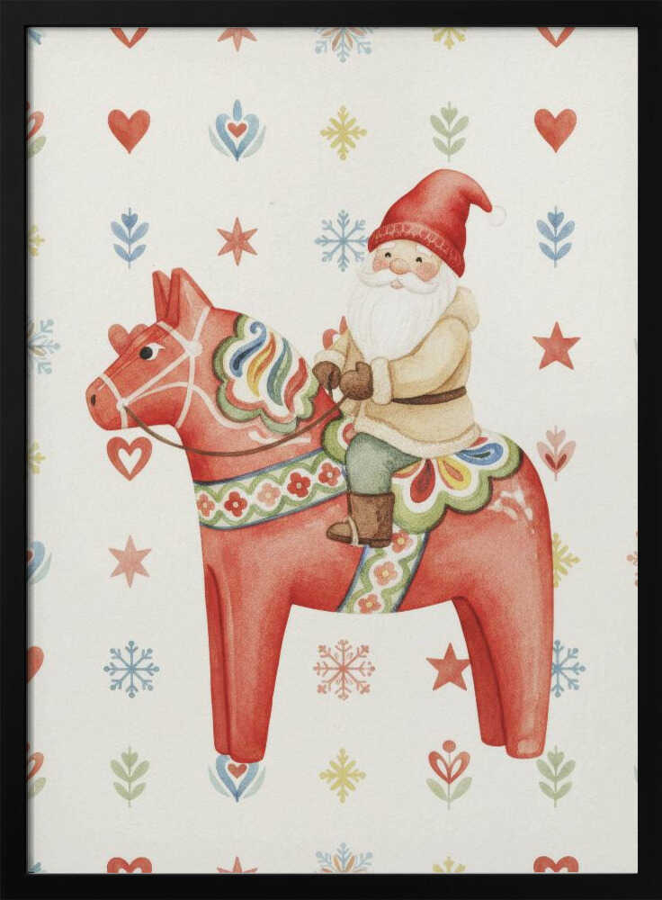 A Christmas illustration of Santa Claus riding a red Scandinavian Dala horse on a patterned background with snowflakes.
