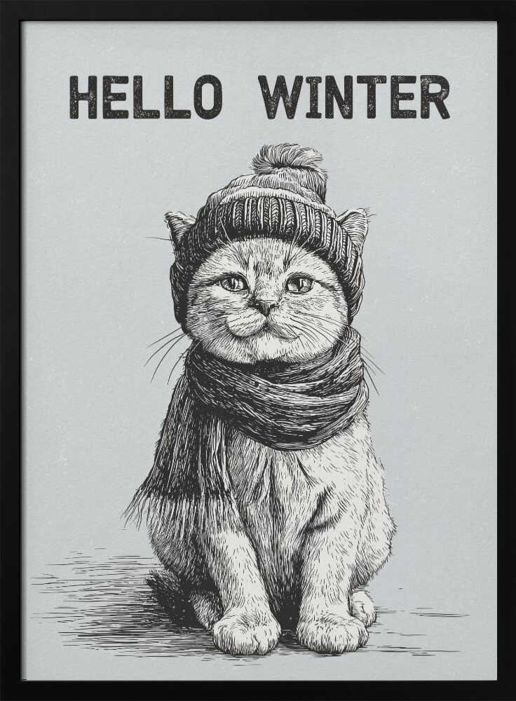 Sketch illustration of a cute cat wearing a winter hat and scarf. 'Hello Winter' quote.