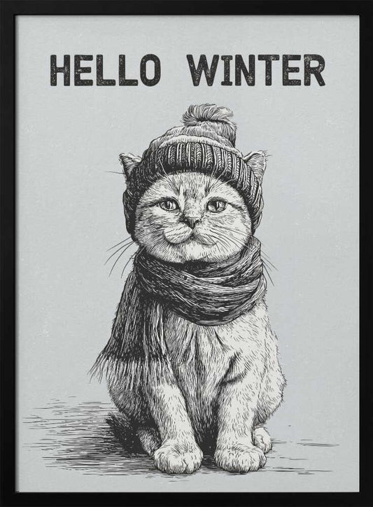 Sketch illustration of a cute cat wearing a winter hat and scarf. 'Hello Winter' quote.