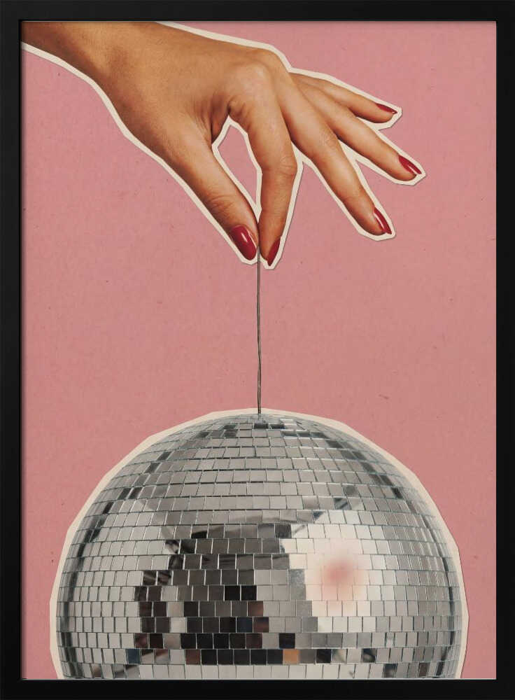 Retro collage art of a hand with red nails holding a silver disco ball against a pink background.