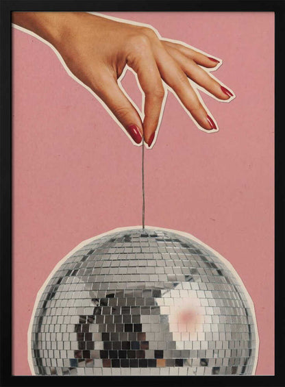 Retro collage art of a hand with red nails holding a silver disco ball against a pink background.