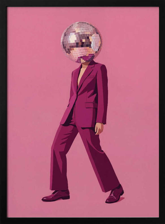 A person with a disco ball for a head wearing a magenta suit against a pink background, surreal wall art.
