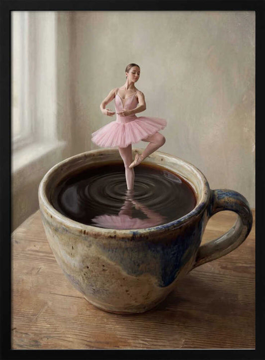 A small ballerina in a pink tutu dances gracefully in a large cup of black coffee.