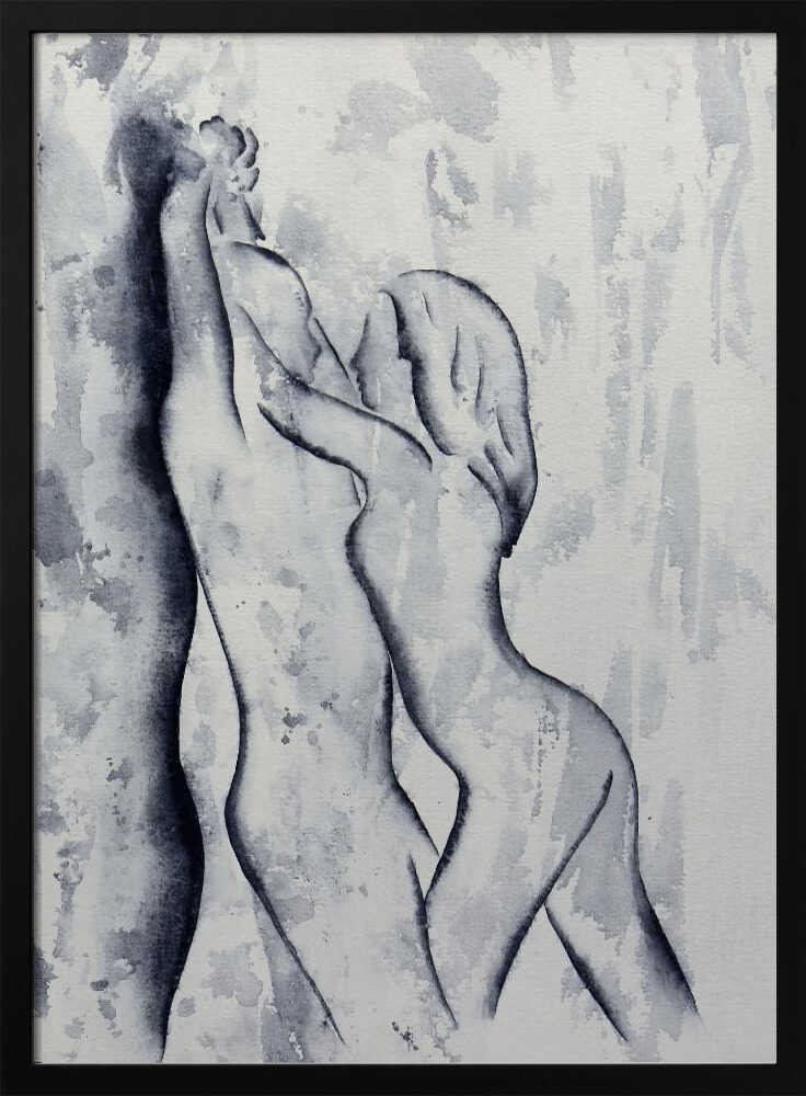 Black and white watercolor painting of an embracing nude couple in a passionate pose, romantic art.