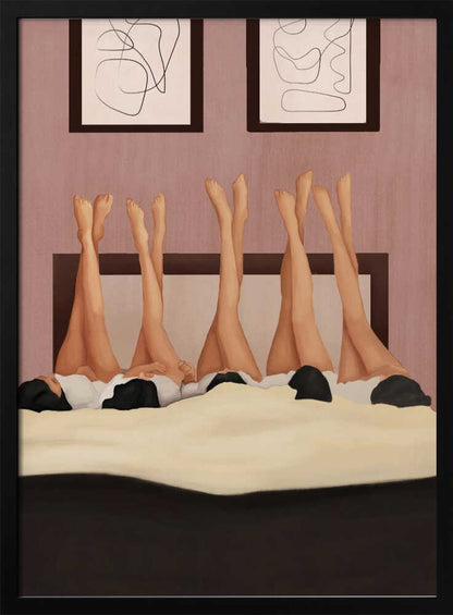 Illustration of several women's legs in the air, relaxing in bed under a duvet in a pink room.