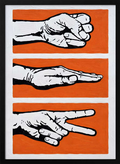 Stylized Rock Paper Scissors game art print, perfect for a game room or office wall.
