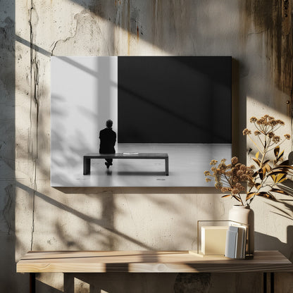 A black and white photograph of a person seen from behind, sitting alone on a wooden bench in a minimalist art gallery. They face a large, starkly divided wall, half white and half black. The scene is presented within a silver picture frame. Poster