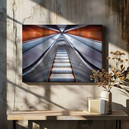 A symmetrical, low-angle photograph looking up a very long escalator, creating a strong sense of perspective towards a vanishing point. The orange walls are motion-blurred, suggesting speed, while the metallic steps in the center remain clear. Decor