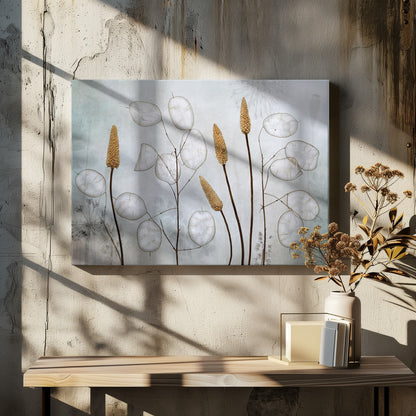 A framed botanical artwork featuring delicate dried stems of silver dollar plants (Lunaria annua) with their translucent white pods, alongside taller brown grasses. The arrangement is set against a muted, pale blue-gray background with faint floral imprints, creating a serene and natural composition. Wall Art