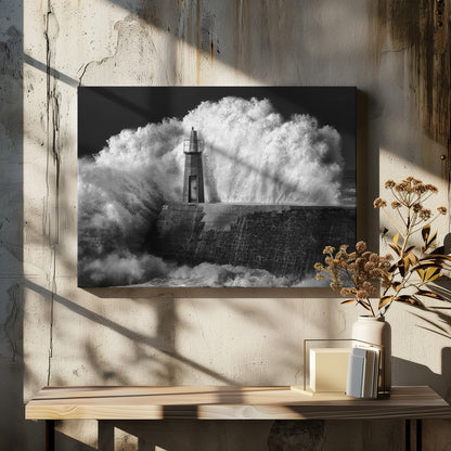 A dramatic black and white photograph of a massive wave crashing against a stone pier and a small lighthouse. The white foam of the wave towers over the structure, creating a powerful and dynamic scene against a dark sky, all enclosed in a silver frame. Poster