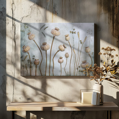 A framed artwork depicting a collection of dried poppy seed heads on long, elegant stems, arranged against a soft, textured sage green background with faint outlines of other plants. Wall Art