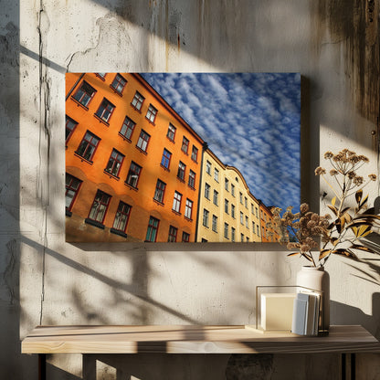 A low-angle shot of colorful buildings, predominantly a vibrant orange one, against a bright blue sky filled with a pattern of white, fluffy clouds. The image is presented within a silver-colored frame. Print