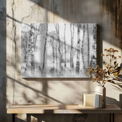 A framed black and white photograph of a misty birch forest. The distinctive white and black trunks of the trees stand in the foreground and recede into a foggy background, with tall, light-colored grass at their base. Decor