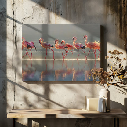 A photograph of a line of pink flamingos wading from left to right through shallow water, their reflections shimmering below them. The warm light of sunrise or sunset illuminates the scene, creating a soft glow on the birds and the water. Artwork